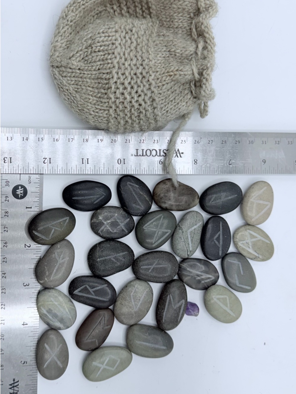 25 Rune Stones Set Natural River Rock Engraved Divination Healing Runes w Pouch